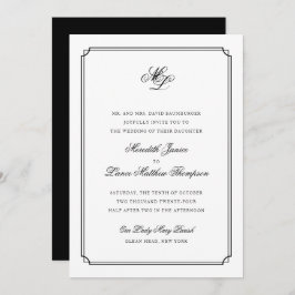 Invitación Elegante Monograma Boda de escritura en blanco y n