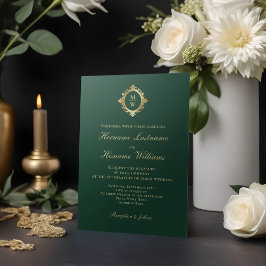 Invitación Elegante Monograma Boda de oro verde esmeralda