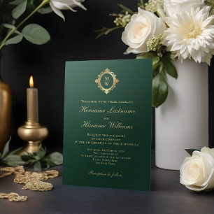 Invitación Elegante Monograma Boda de oro verde esmeralda