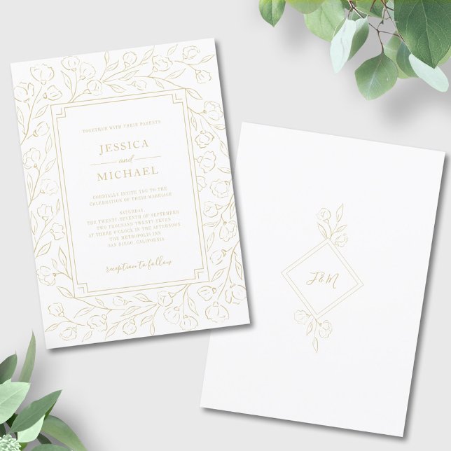 Invitación Elegante Monograma Boda Floral Clásico de Oro Blan (Subido por el creador)