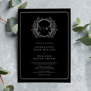 Invitación Elegante Monograma Boda formal negro y blanco