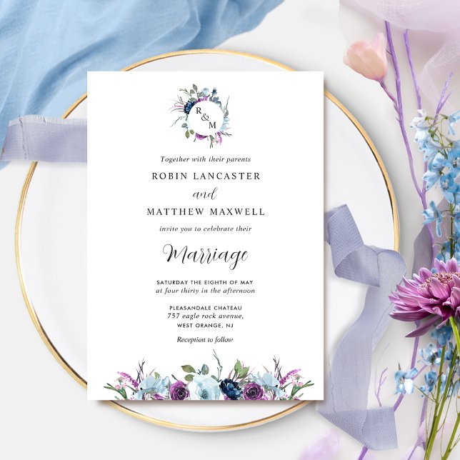 Invitación Elegante Monograma Boda morado y azul (Subido por el creador)