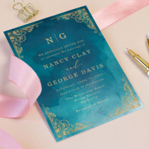 Invitación Elegante Monograma Boda Verde Borde Oro