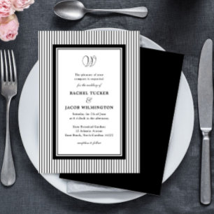 Invitación Elegante Monograma Bodas de Rayas Negras y Blancas