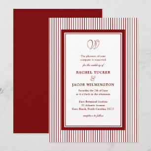 Invitación Elegante Monograma Bodas de Rayas Rojo Oscuro
