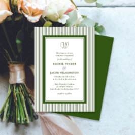 Invitación Elegante Monograma Bodas Rayadas Verde Bosque