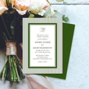 Invitación Elegante Monograma Bodas Rayadas Verde Bosque