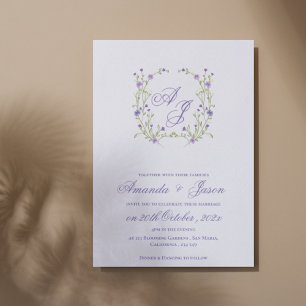 Invitación Elegante Monograma Bonito Boda Floral Azul Púrpura