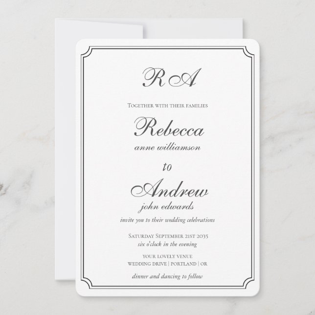 Invitación Elegante monograma bordes boda blanco y negro (Anverso)