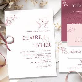 Invitación Elegante Monograma Borgoña Moderno, Boda Rosa