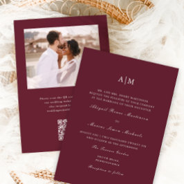 Invitación Elegante Monograma Borgoña QR Boda de fotografía R