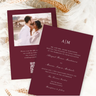 Invitación Elegante Monograma Borgoña QR Boda de fotografía R