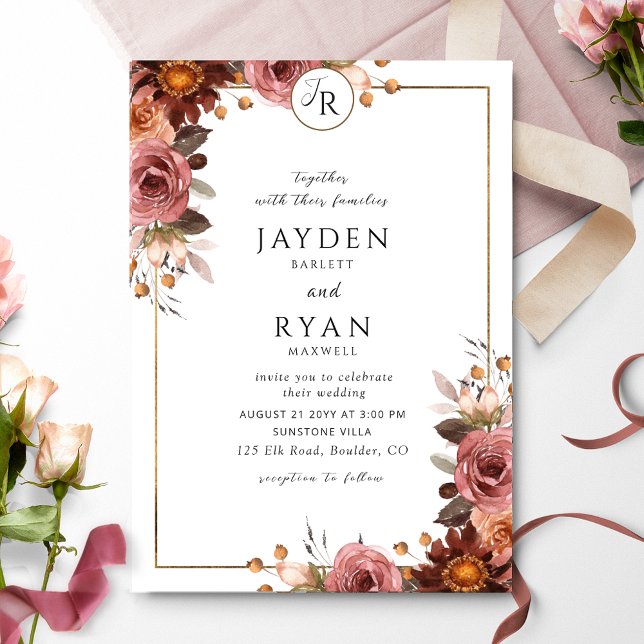 Invitación Elegante Monograma Borgoña y Boda de Rubor (Subido por el creador)