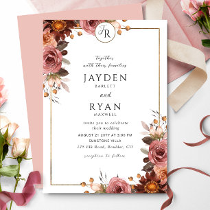 Invitación Elegante Monograma Borgoña y Boda Rosa Rubor