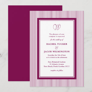Invitación Elegante Monograma Bosque Vino Rojo Rayado Boda