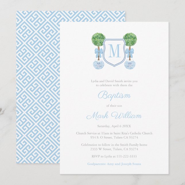 Invitación Elegante Monograma Boxwood Boy Baptism Celebración (Anverso / Reverso)