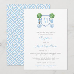Invitación Elegante Monograma Boxwood Boy Baptism Celebración