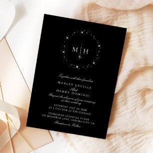 Invitación Elegante Monograma Celestial Bodas en Blanco y Neg