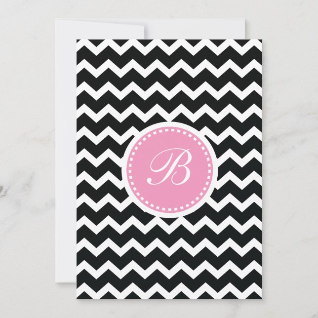 Invitación Elegante monograma Chevron Rosa y Negro (Anverso)