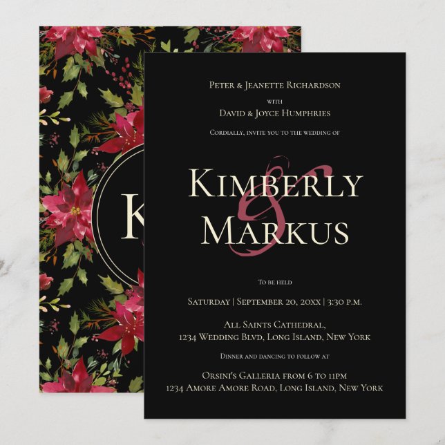 Invitación Elegante Monograma Claret Poinsettia Roja (Anverso / Reverso)