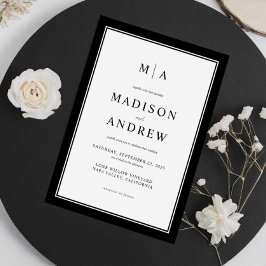Invitación Elegante Monograma Clásico Boda Blanco y Negro