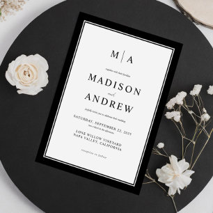 Invitación Elegante Monograma Clásico Boda Blanco y Negro