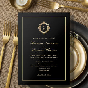 Invitación Elegante Monograma Clásico Boda de Oro Negro Clási
