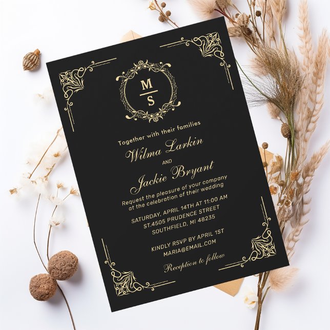 Invitación Elegante Monograma Clásico Negro y Oro Diseño (Subido por el creador)
