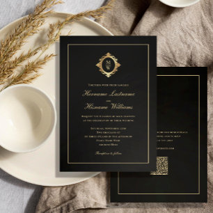 Invitación Elegante Monograma Clásico Oro Negro Boda de códig