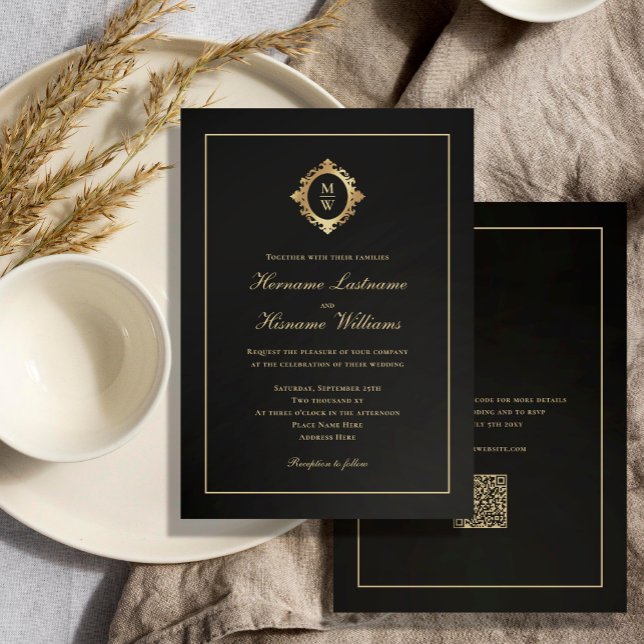 Invitación Elegante Monograma Clásico Oro Negro Boda de códig (Subido por el creador)