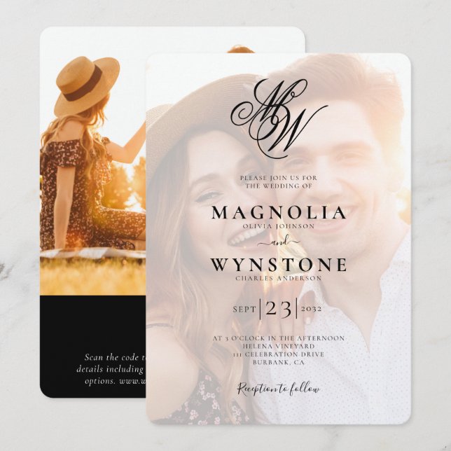 Invitación Elegante Monograma Código QR Boda fotográfico (Anverso / Reverso)