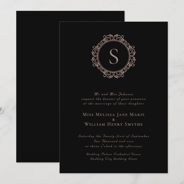 Invitación Elegante Monograma Copper Rubor Boda negro (Anverso / Reverso)