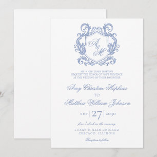 Invitación Elegante Monograma Cresta Azul Polvoriento Boda