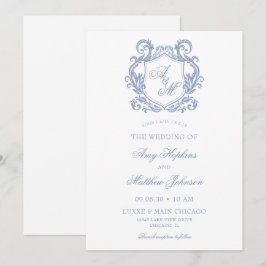 Invitación Elegante Monograma Cresta Azul Polvoriento Boda