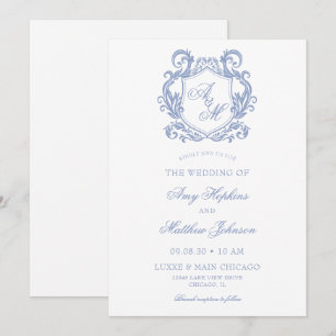 Invitación Elegante Monograma Cresta Azul Polvoriento Boda