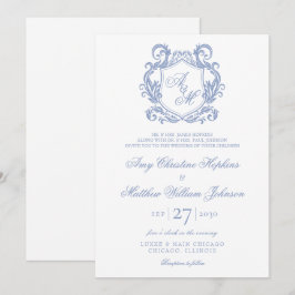 Invitación Elegante Monograma Cresta Azul Polvoriento Boda