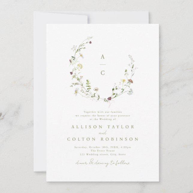 Invitación Elegante monograma de Boda de Boho rústico de flor (Anverso)