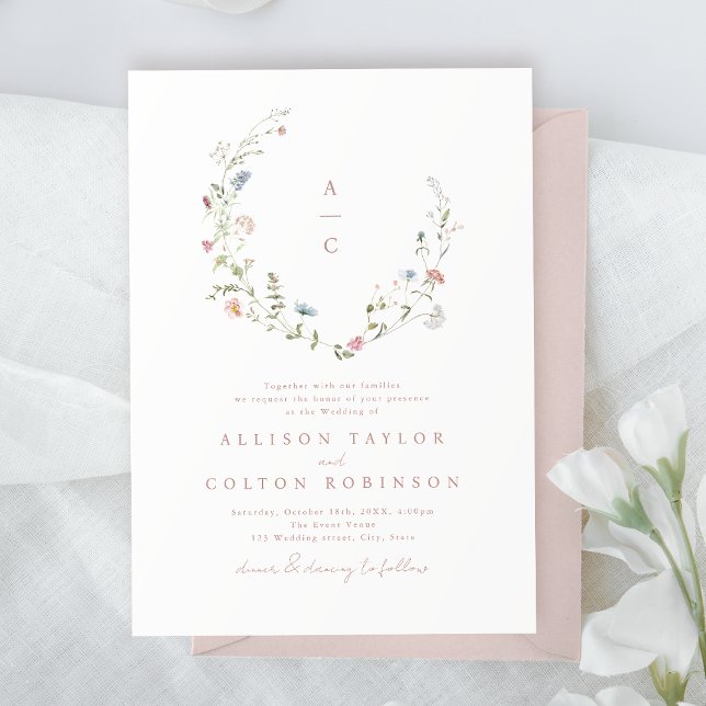 Invitación Elegante monograma de Boda de Boho rústico de flor (Elegant Wildflower Rustic Boho Wedding monogram Invitation)