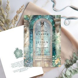 Invitación Elegante Monograma de Boda en Acuarela Azul Turque