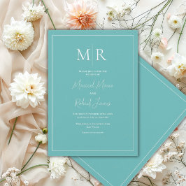 Invitación Elegante Monograma de Boda Moderno en Verde Azul
