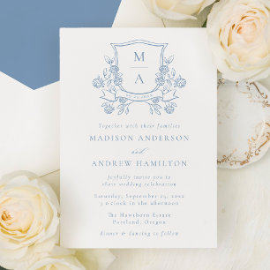Invitación Elegante Monograma de Cima Floral Azul Francés par