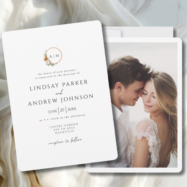 Invitación Elegante Monograma de Cobre Botánico Terrestre Fot (Elegant Monogram Copper Earthy Botanical Photo Invitation)