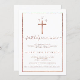 Invitación Elegante monograma de cruz de oro rosa primera com