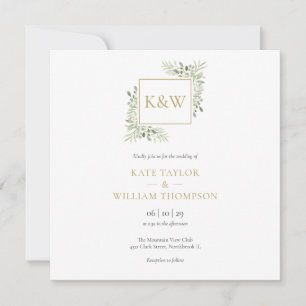 Invitación Elegante Monograma de Foliaje Verde Cuadrado Boda