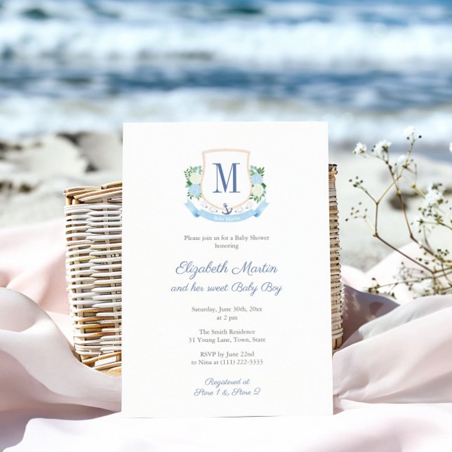 Invitación Elegante Monograma De La Costa Azul Baby Shower Pa (Coastal Monogram baby shower invitation for boy)