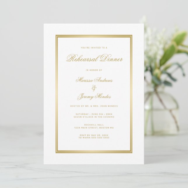 Invitación Elegante Monograma de Oro Blanco Cena (Anverso de pie)