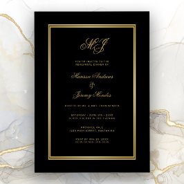 Invitación Elegante Monograma de Oro Negro Cena