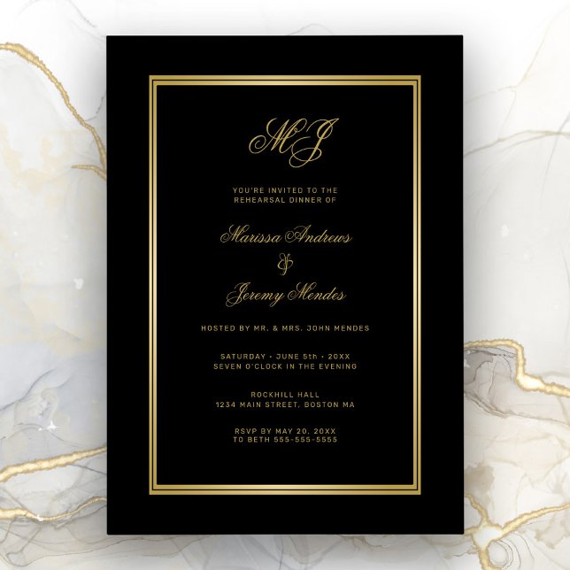 Invitación Elegante Monograma de Oro Negro Cena (Elegant Black and Gold Wedding Reshearsal Invitation)