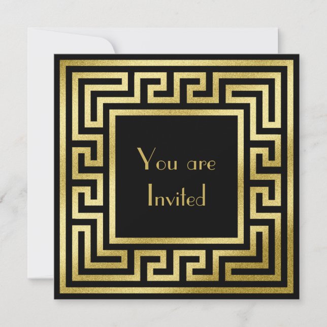 Invitación Elegante Monograma Dorado Brillo Art Déco Negro (Anverso)