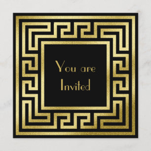 Invitación Elegante Monograma Dorado Brillo Art Déco Negro